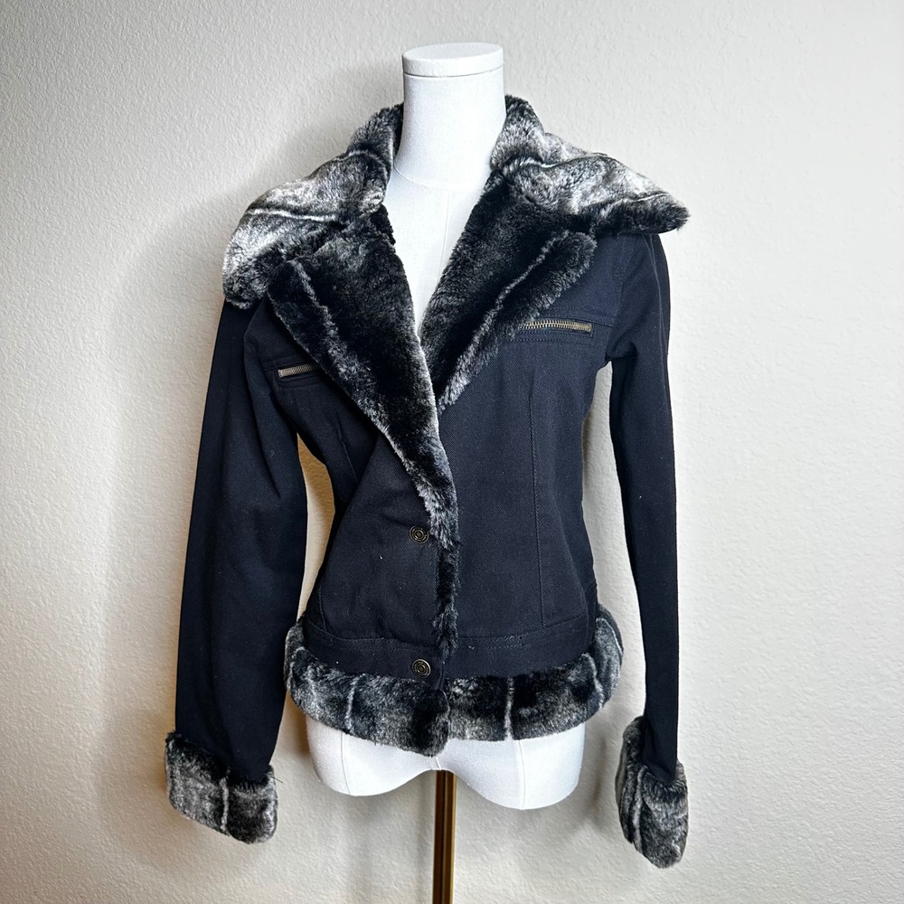 VTG‎ No Boundaries Black Cotton Jacket Faux Fur Trim Y2K Cropped Juniors Large